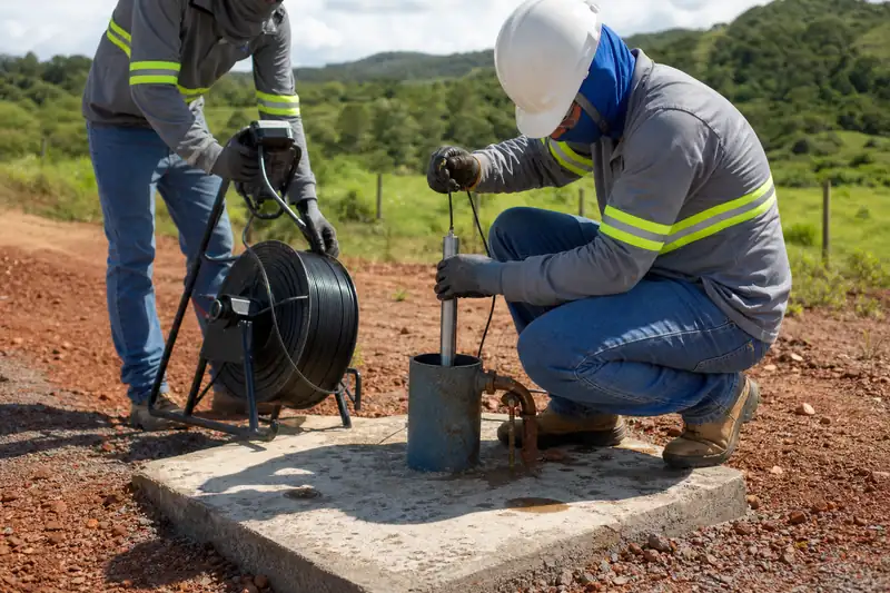 Técnico baixando o medidor de nível dentro do poço para medir o nível da água