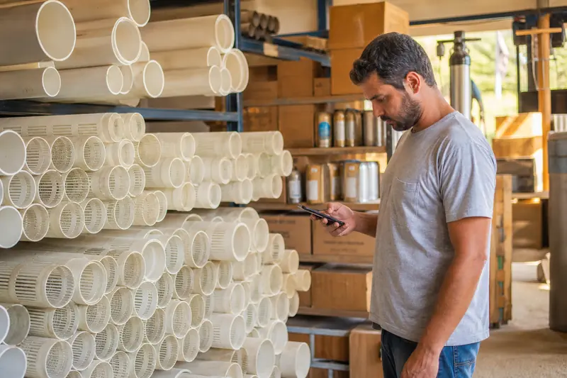 Funcionário de empresa de perfuração conferindo no celular o estoque de tubos de revestimento, filtros e bombas