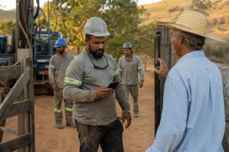 Equipe de perfuração chegando à fazenda com a perfuratriz, o líder conferindo a ordem de serviço no celular