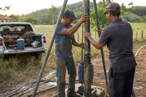 Dois técnicos retirando a bomba submersa de um poço artesiano com tripé, na manutenção