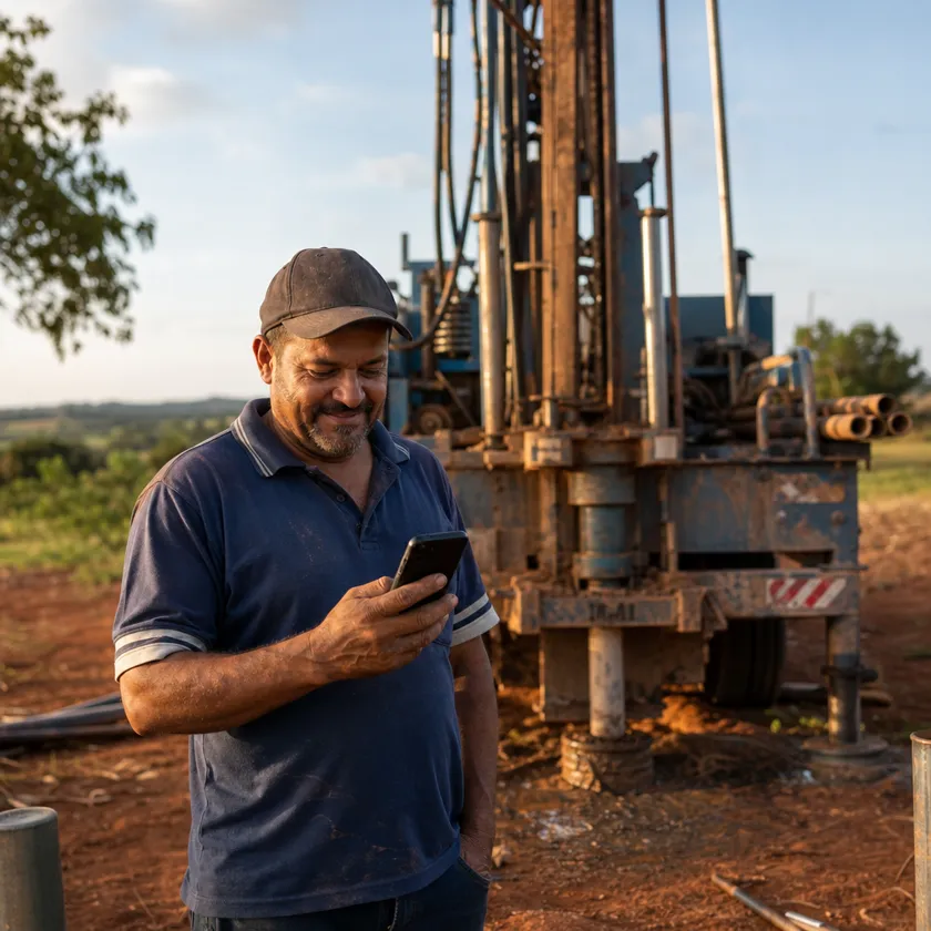 Dono de empresa de perfuração de poços ao lado da máquina, lendo no celular o resumo que a IA do WhatsApp enviou
