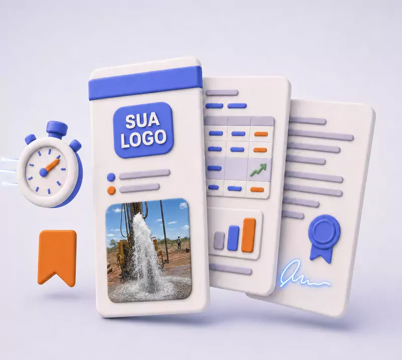 Ilustração de um orçamento em PDF com o espaço para a logomarca da empresa, a foto de um poço pronto, a tabela de custos com o lucro e o contrato assinado