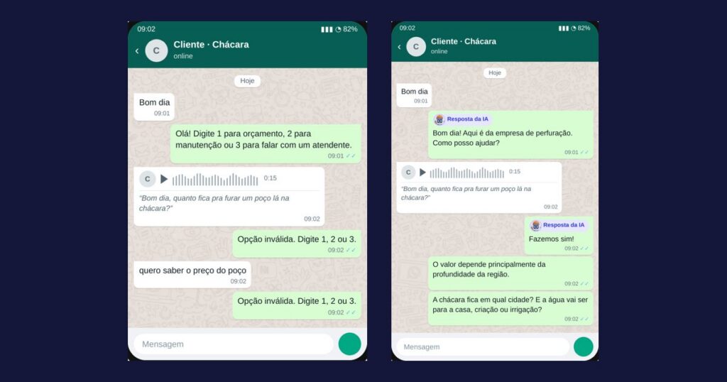 Comparação de prints no WhatsApp: robô de menu que não entende o cliente e IA que entende o áudio e responde