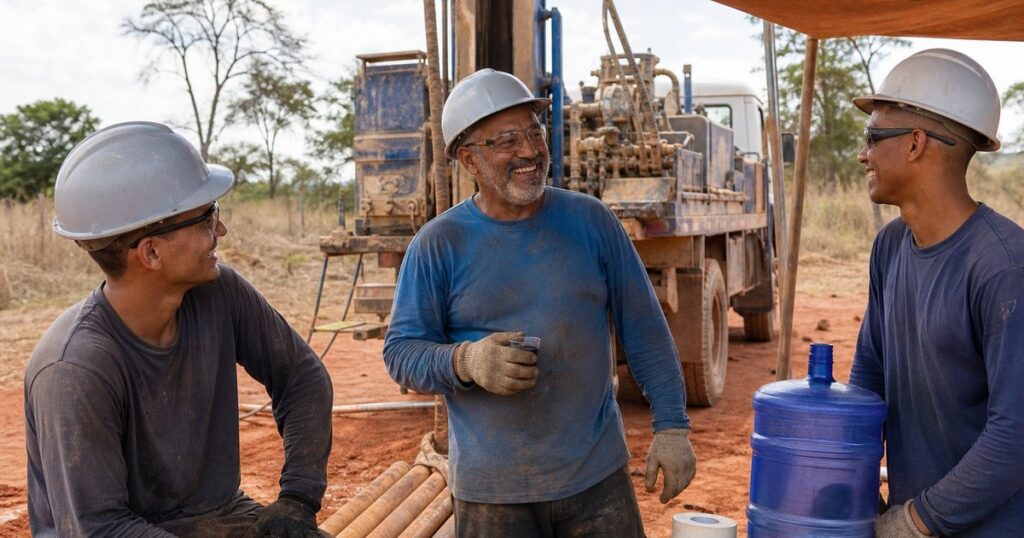 Sondador e dois ajudantes conversam sorrindo numa pausa, com EPI e garrafão de água, ao lado da perfuratriz sobre caminhão em terra vermelha