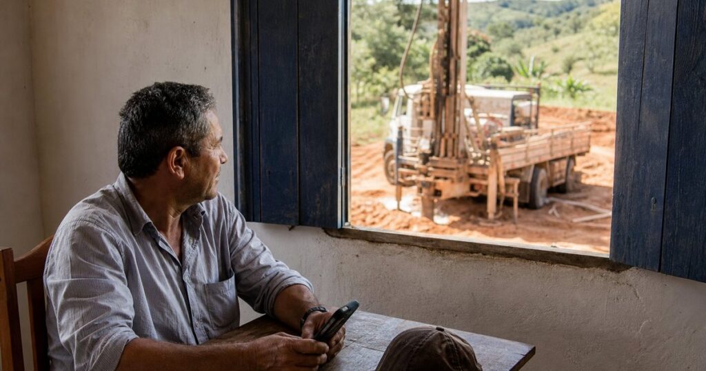 Dono de empresa de perfuração no escritório olhando pela janela a perfuratriz sobre o caminhão no terreno de terra vermelha