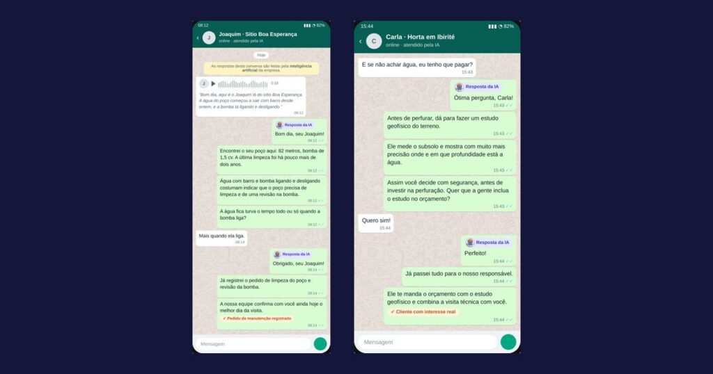 Prints de conversas no WhatsApp em que a IA atende clientes de poço artesiano