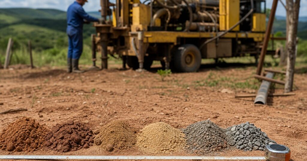 Equipe de perfuração conferindo a calha da amostra de rocha ao lado da perfuratriz em terra vermelha