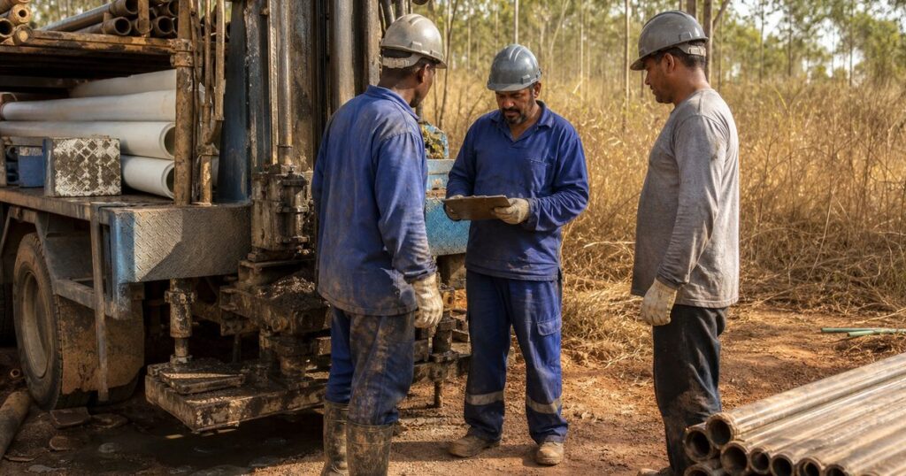 Equipe de perfuração de poço artesiano conferindo o material ao lado da perfuratriz antes de começar o serviço no interior