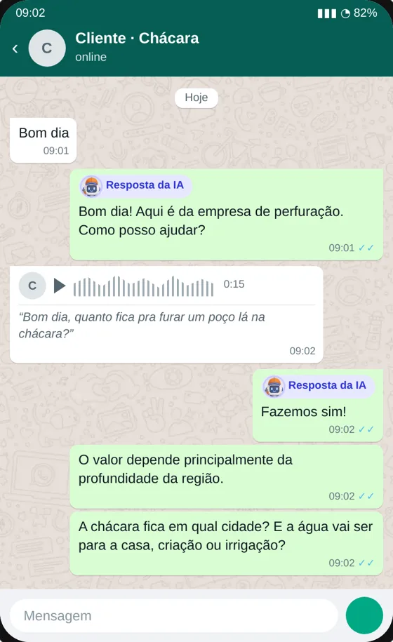 Print de WhatsApp com inteligência artificial: a IA entende o áudio do cliente e faz as perguntas do orçamento do poço