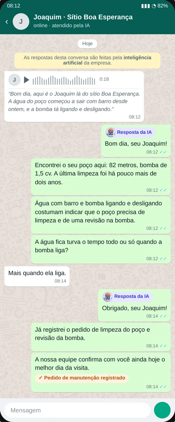 Print de WhatsApp: a IA entende o áudio do cliente, consulta o poço de 82 metros (nesta empresa ela foi montada para isso) e registra a manutenção