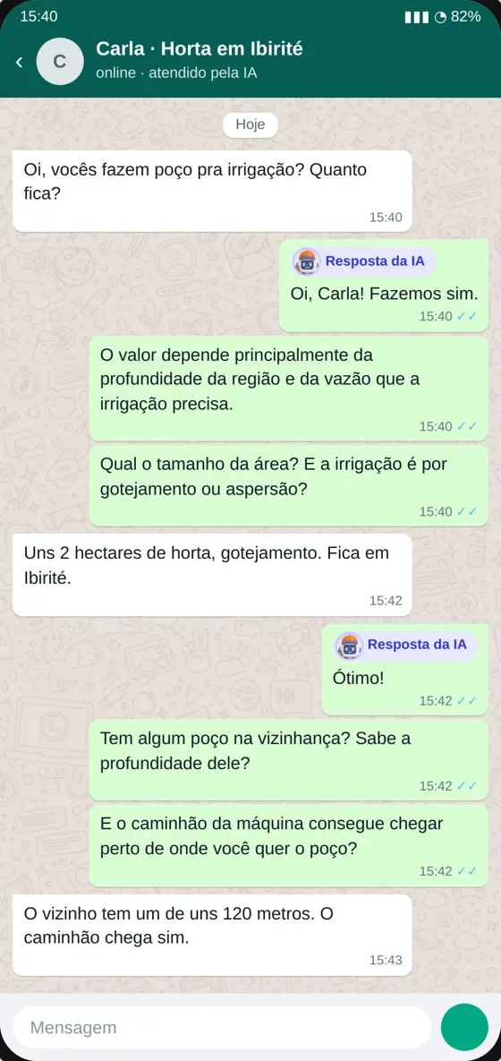 Print de WhatsApp: a IA faz as perguntas do orçamento de um poço para irrigação