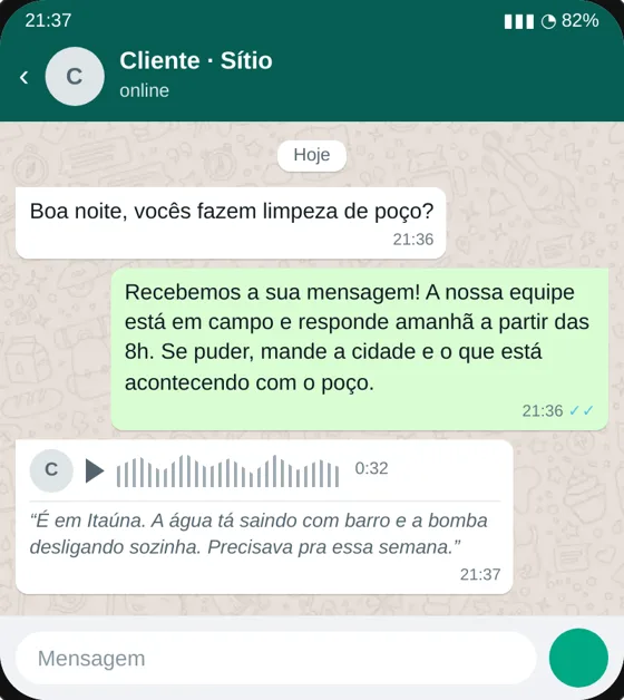 Print de WhatsApp: a mensagem de ausência do WhatsApp Business responde, mas não entende o áudio que o cliente manda depois