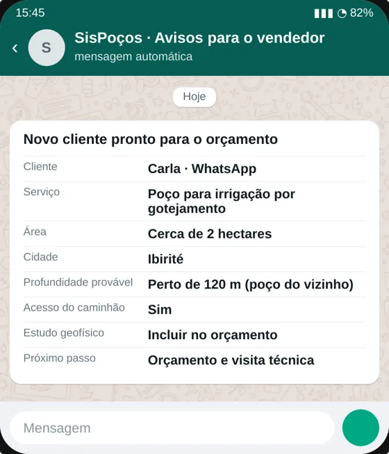Resumo do pedido enviado pela IA ao vendedor no WhatsApp: serviço, área, cidade, profundidade provável, acesso e estudo geofísico