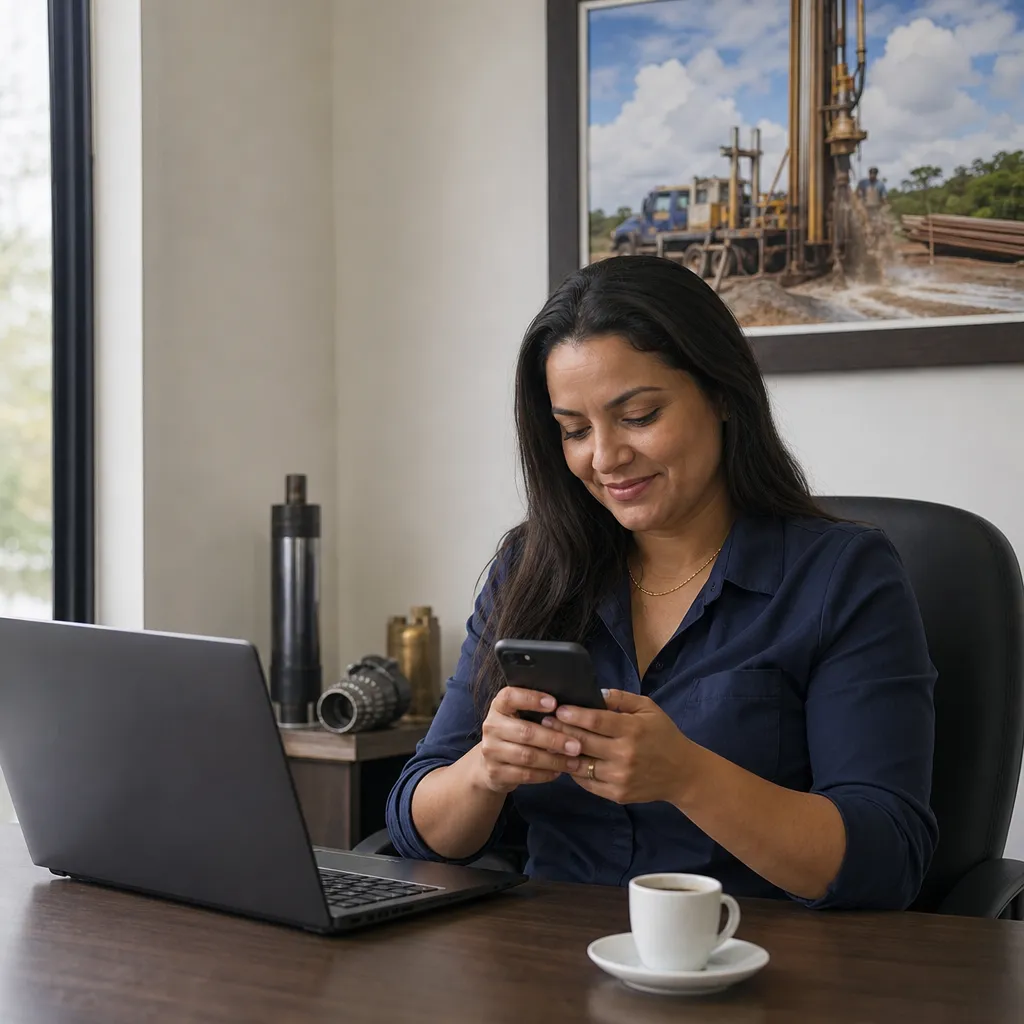 Vendedora de empresa de perfuração de poços lendo no celular o resumo enviado pela IA do WhatsApp